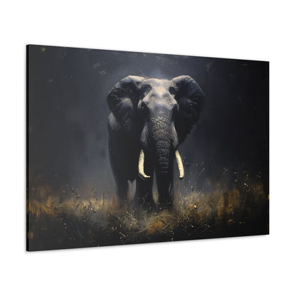 Horizontal-oriented wall art: Elephant's Shadow from the Darklight Bestiary collection depicts a majestic elephant inspired by Chiaroscuro painting technique. The interplay of light and shadow highlights the elephant's powerful form, creating a dramatic and captivating visual experience.