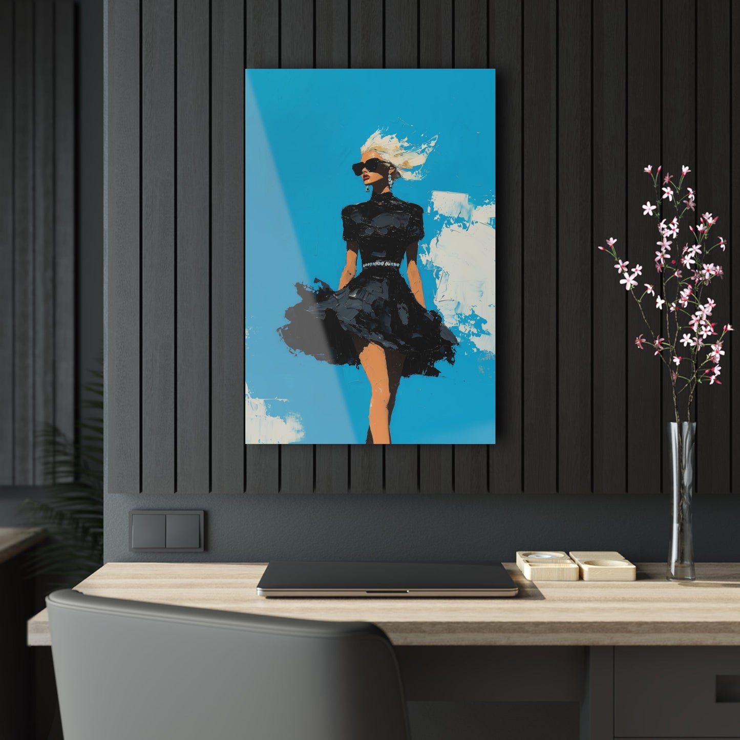 Vertical-oriented wall art: "Black Enigma II." A confident woman walks gracefully in a textured black dress, her wind-blown hair illuminated against a vibrant cerulean sky. The bold palette knife technique and striking contrasts emphasize empowerment and elegance.