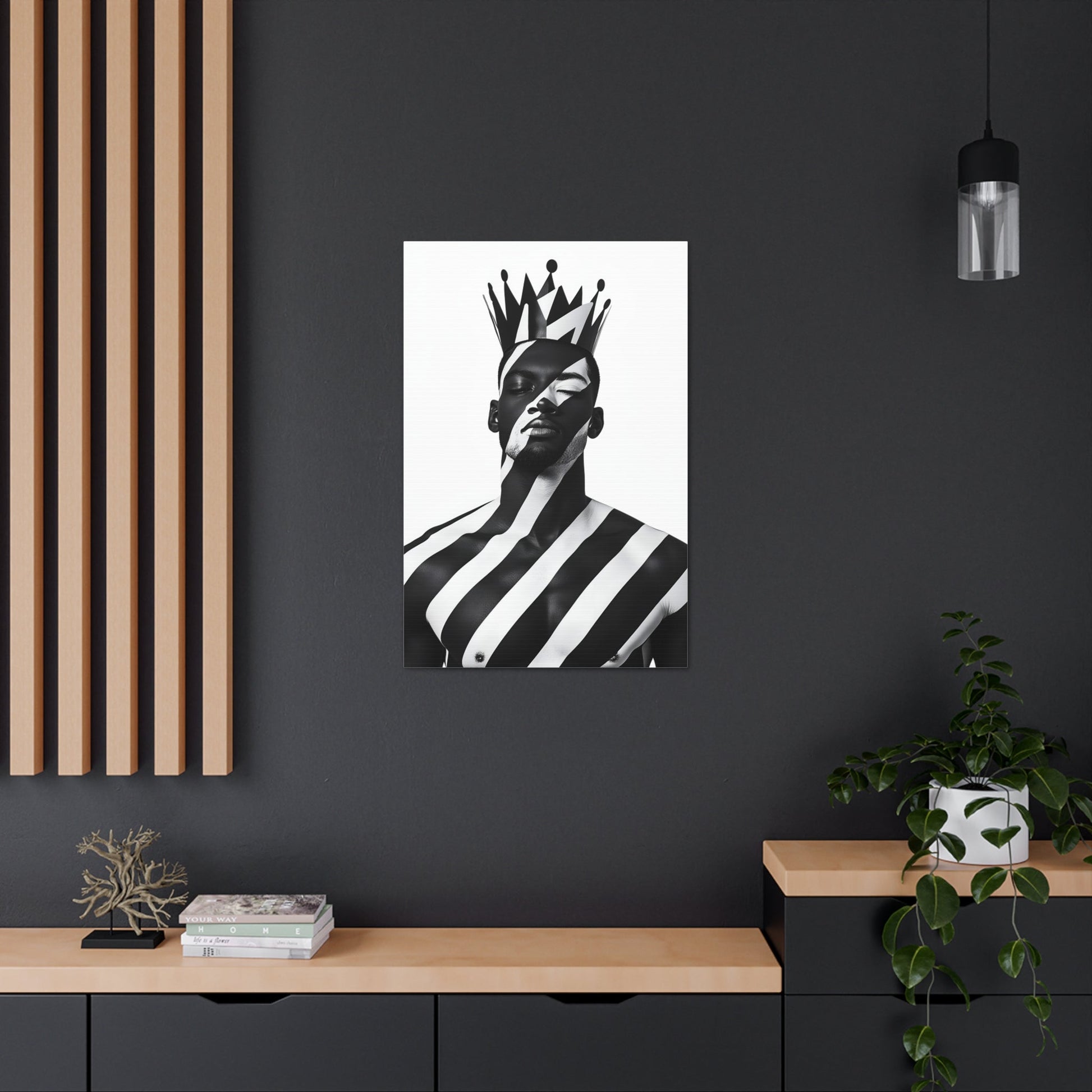 Vertical-oriented wall art: "Crown of Dignity II" A regal portrait of a man wearing a bold, geometric crown, with black and white stripes painted across his face and body. The minimalist composition emphasizes strength, elegance, and cultural pride in a modern, abstract style.