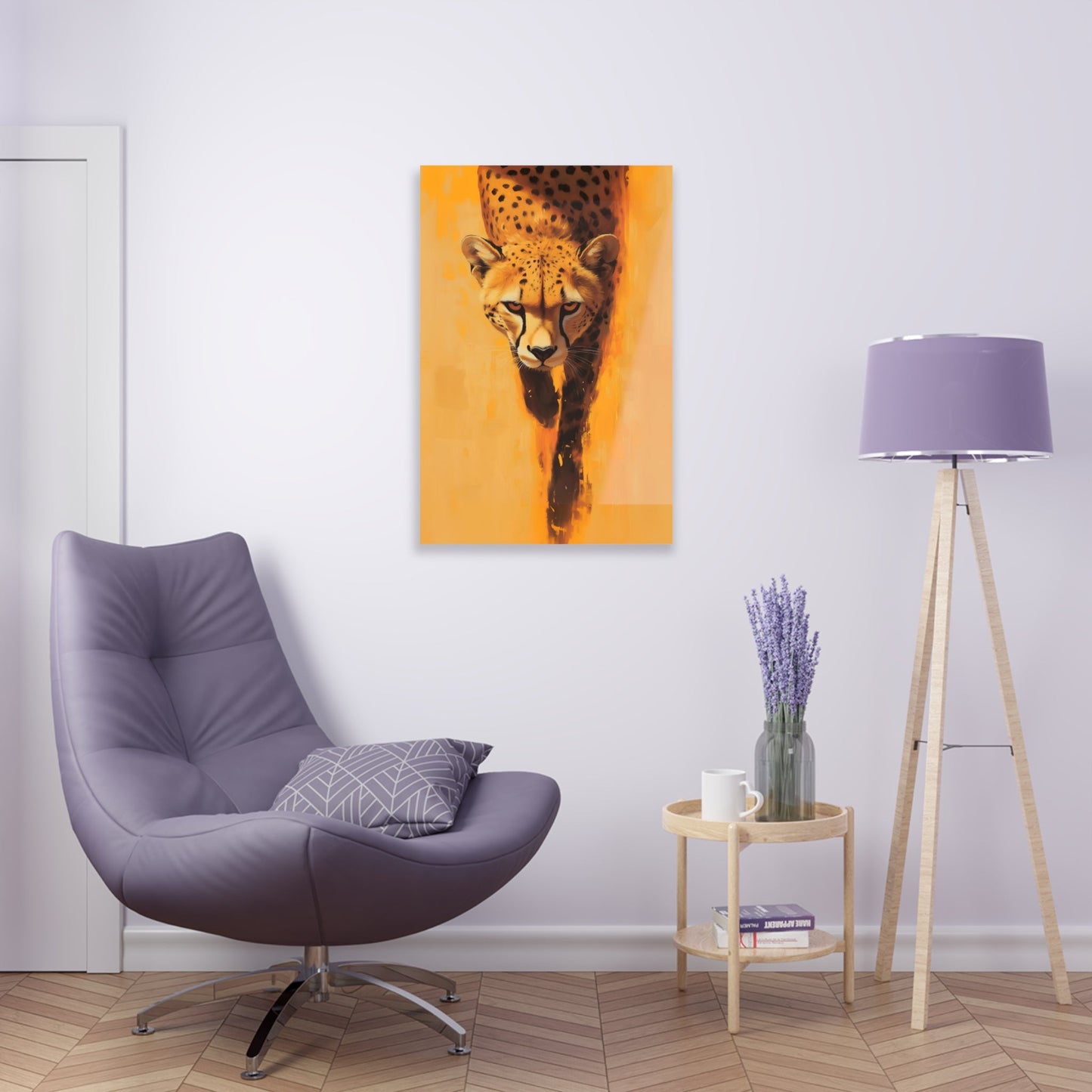 Vertical-oriented wall art: A striking portrait of a cheetah, set against a vibrant orange background, captures the animal’s focused gaze and sleek body as it moves forward. The minimalistic backdrop with dynamic brushstrokes accentuates the cheetah’s speed and agility, while its realistic details stand out in contrast to the abstract surroundings.