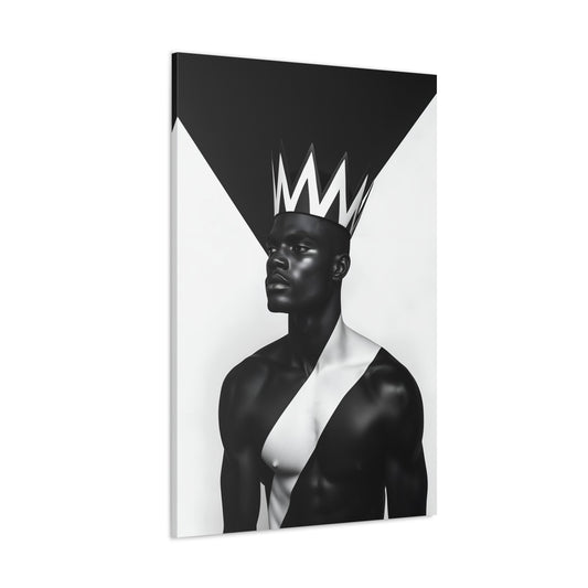 Vertical-oriented wall art: "Crown of Dignity IV" Black and white portrait of a man wearing a geometric crown, with striking diagonal body paint across his torso. The minimalist background emphasizes the regal presence and dignified expression of the subject.