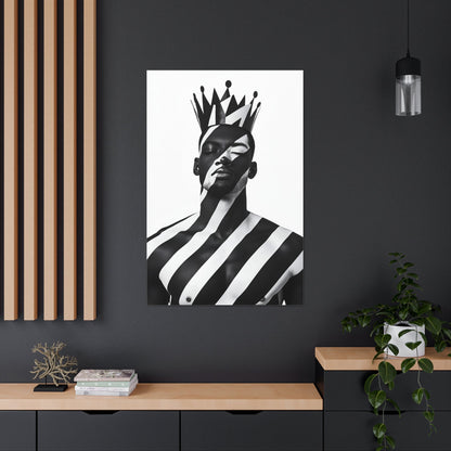 Vertical-oriented wall art: "Crown of Dignity II" A regal portrait of a man wearing a bold, geometric crown, with black and white stripes painted across his face and body. The minimalist composition emphasizes strength, elegance, and cultural pride in a modern, abstract style.