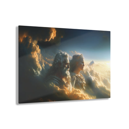 Horizontal-oriented wall art: "Storm of Affection" from the Elysian Legends collection depicts Zeus and Hera in a surreal, tempestuous scene surrounded by swirling clouds and lightning, symbolizing their passionate and conflict-filled love. The dramatic lighting and ethereal elements enhance the divine and mythical atmosphere, drawing viewers into the epic narrative of these Greek gods.