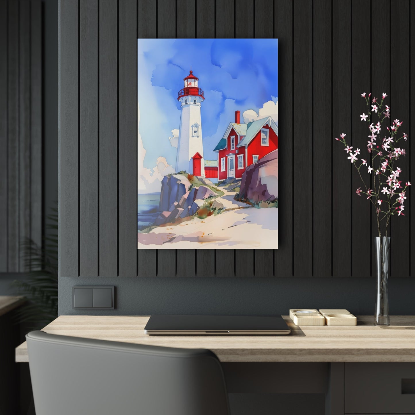 Vertical-oriented wall art: A watercolor-style painting of a lighthouse perched on rocky cliffs overlooking a vast ocean. The sky is painted in shades of blue with wispy white clouds, and the rugged coastline is depicted in intricate detail.