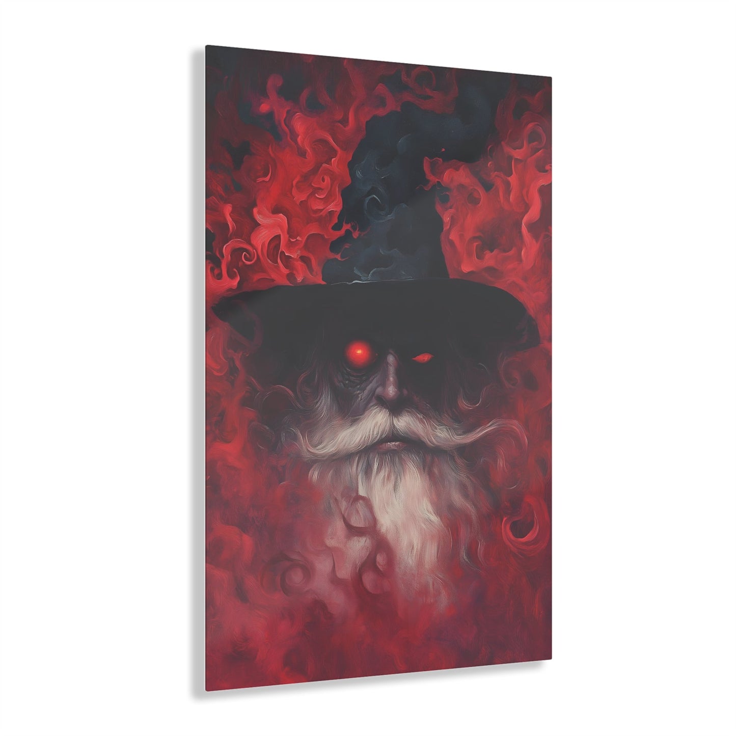 Vertical-oriented wall art: "The Wizard's Veil II" A mysterious wizard with glowing red eyes emerges from a swirling, crimson mist, his expression intense and otherworldly. The deep reds and intricate textures create an aura of magic and dark fantasy, drawing viewers into his enchanted realm.