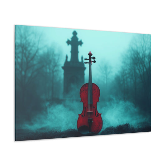 Horizontal-oriented wall art: "The Mourning Violin." A vivid red violin stands alone in a misty graveyard, framed by a dark, Gothic cross in the background. Diffused teal lighting and soft shadows create a haunting and melancholic atmosphere.