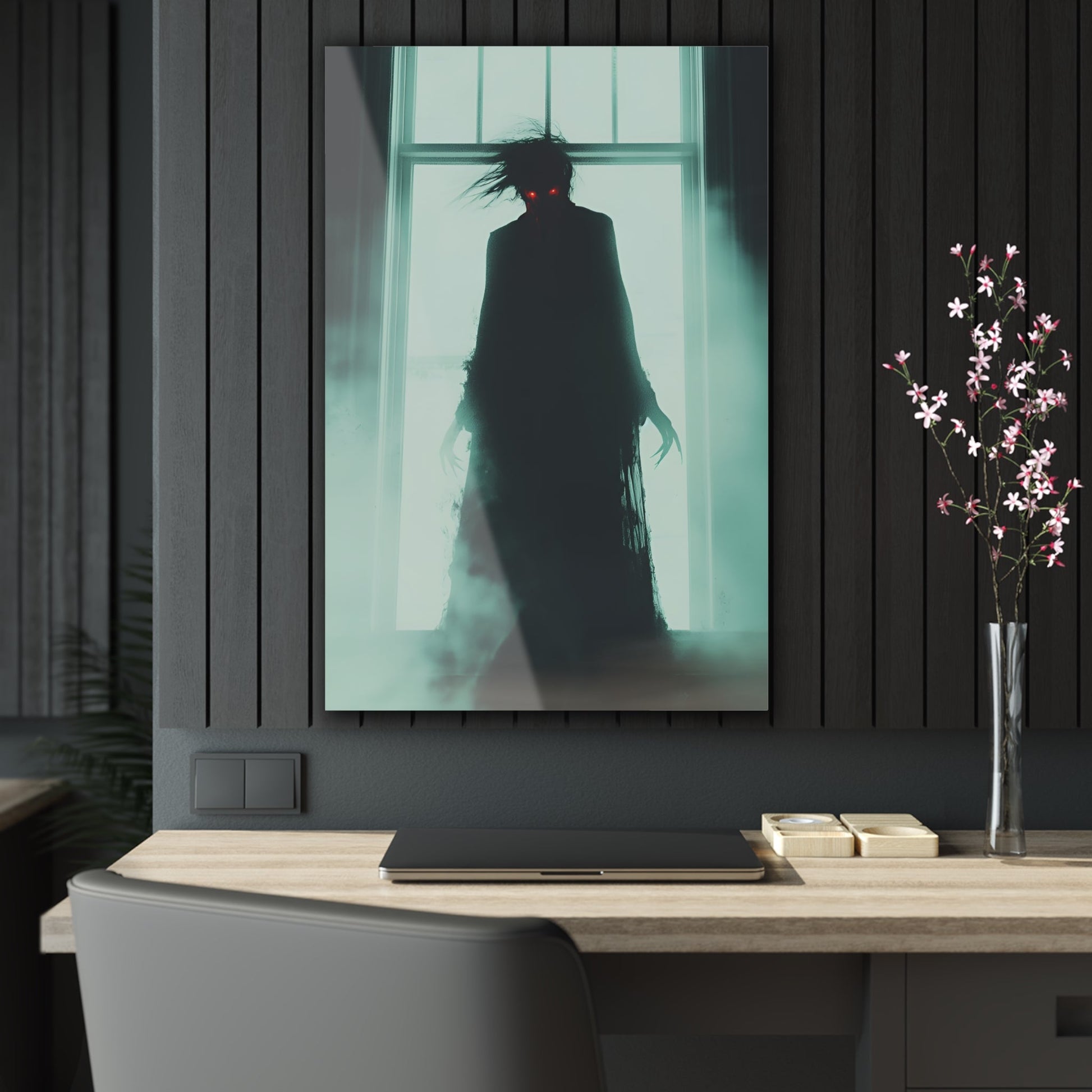 Vertical-oriented wall art: "Haunting Hunger II." A shadowy vampire figure with glowing red eyes stands in a mist-filled room, backlit by a bright window. The eerie atmosphere and chilling silhouette evoke a sense of supernatural dread and Gothic elegance.