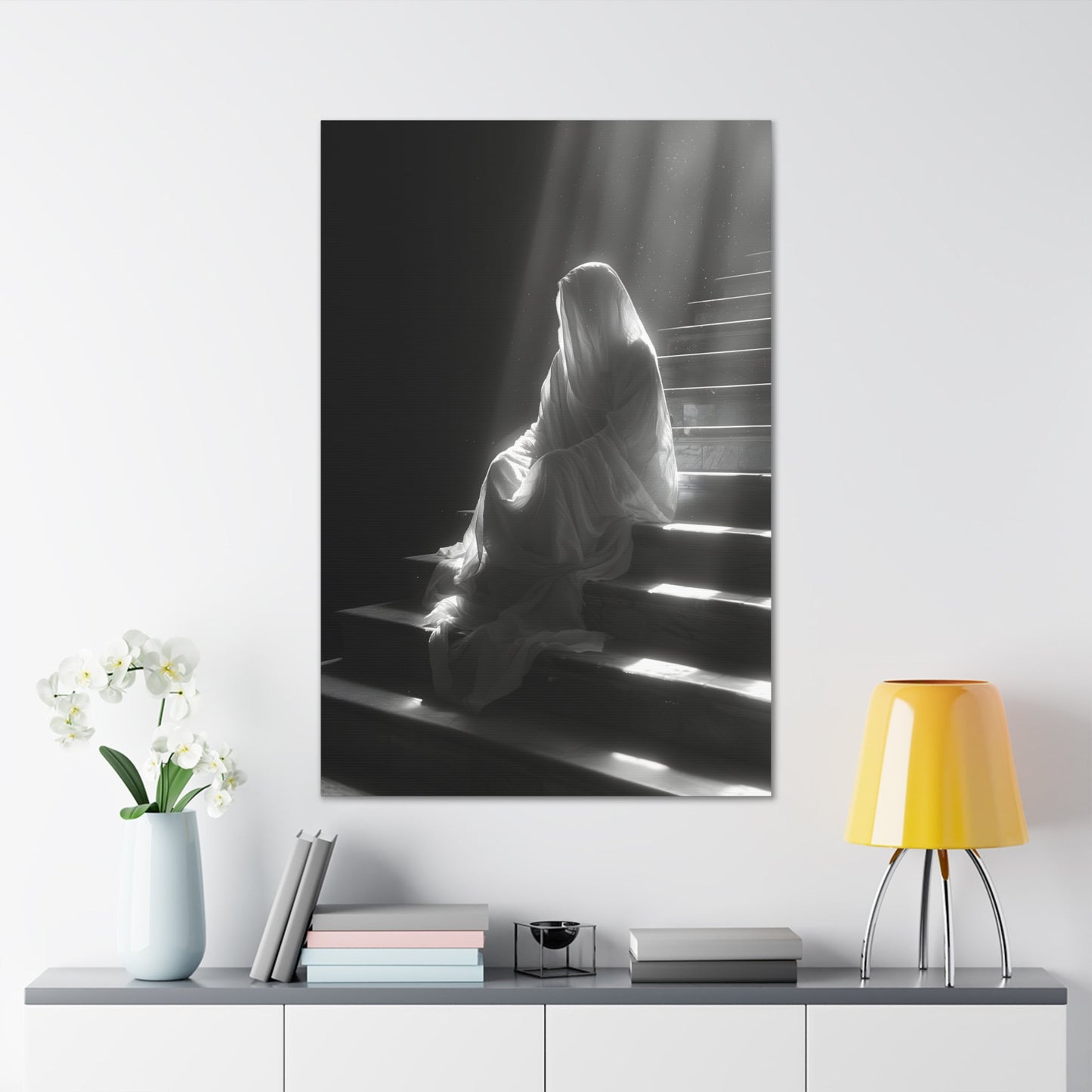 Vertical-oriented wall art: An eerie depiction of a ghostly apparition, its translucent form sitting on stairs, surrounded by a soft, ethereal glow.