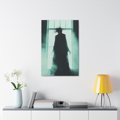 Vertical-oriented wall art: "Haunting Hunger II." A shadowy vampire figure with glowing red eyes stands in a mist-filled room, backlit by a bright window. The eerie atmosphere and chilling silhouette evoke a sense of supernatural dread and Gothic elegance.