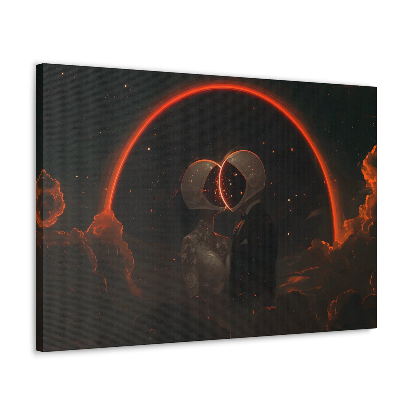 Horizontal-oriented wall art: Two astronauts, dressed in a tuxedo and a wedding dress, share a romantic kiss in space with their helmets forming a glowing heart shape. The dark, starry sky and the bright, orange-red halo create a whimsical and dreamy atmosphere.