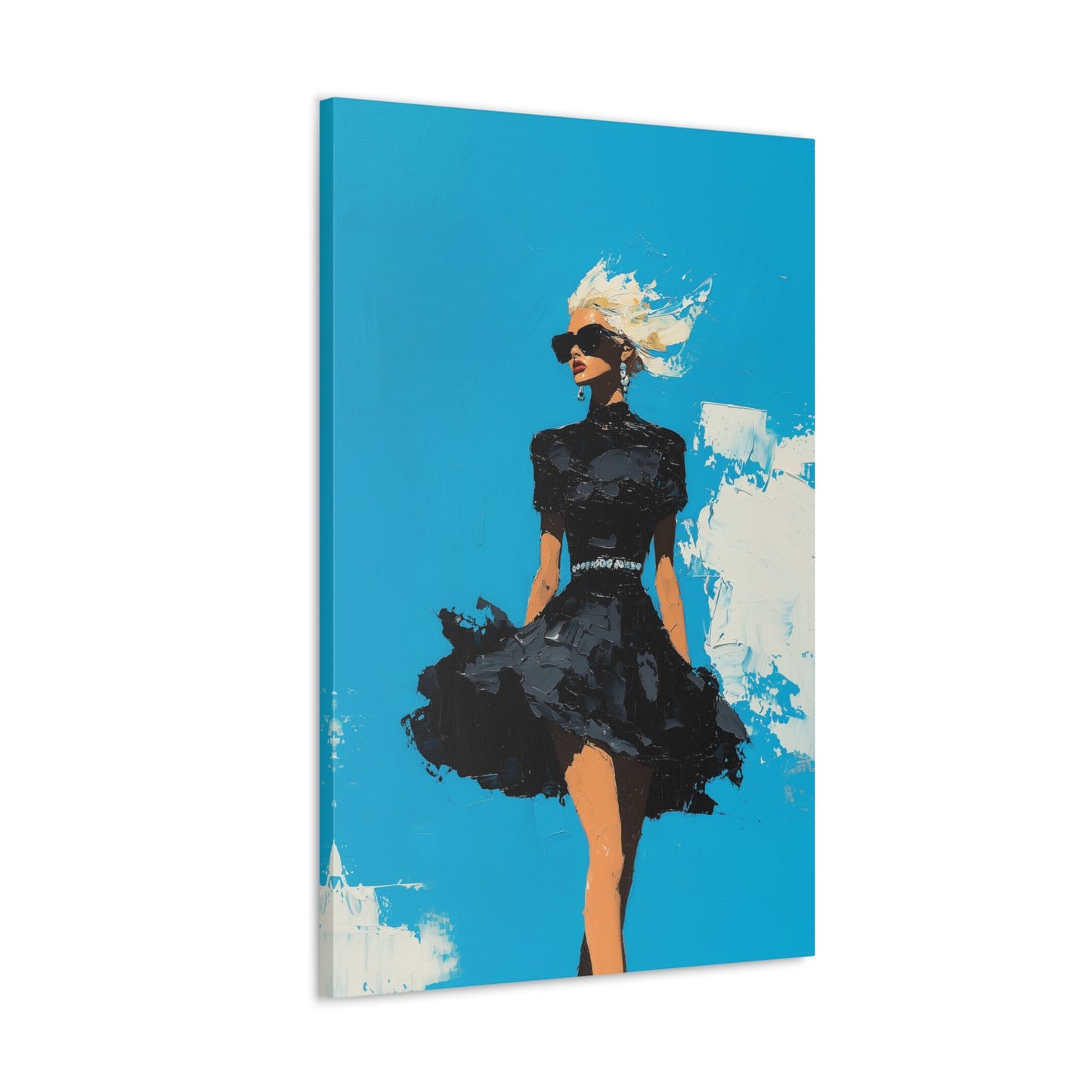 Vertical-oriented wall art: "Black Enigma II." A confident woman walks gracefully in a textured black dress, her wind-blown hair illuminated against a vibrant cerulean sky. The bold palette knife technique and striking contrasts emphasize empowerment and elegance.