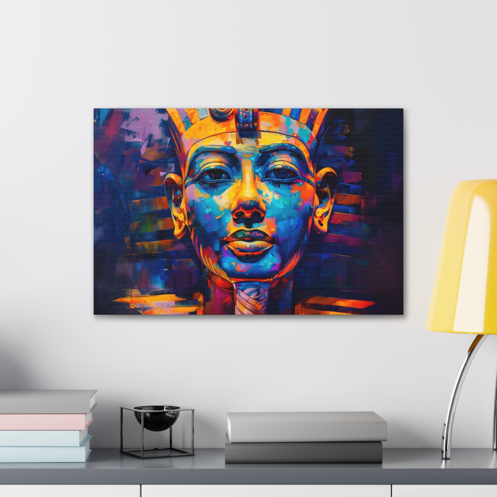 Horizontal-oriented wall art: A regal portrait of King Tutankhamun, depicted with a golden headdress and adorned with ornate jewelry, exuding an aura of majesty and power.