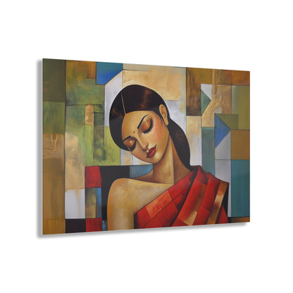 Horizontal-oriented wall art: "Fractured Grace." An Indian woman in traditional attire is depicted in a Cubist style, her contemplative expression framed by geometric shapes and bold colors of red, green, and gold. The textured background and soft dramatic lighting create an elegant and serene composition.