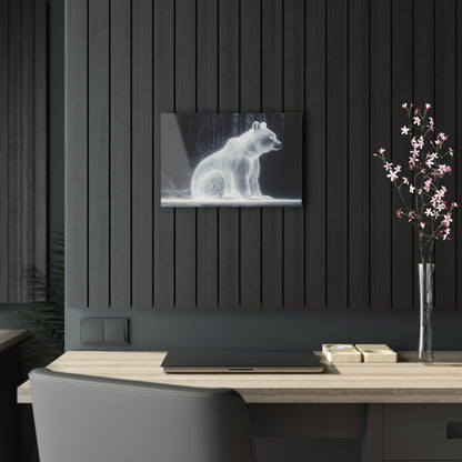 Horizontal-oriented wall art: "Glowing Guardian III" A luminous bear sits serenely in a dark forest, surrounded by a soft, glowing aura that illuminates its form. The ethereal light effect creates a mystical atmosphere, highlighting the bear's calm and protective presence against the shadowy background.