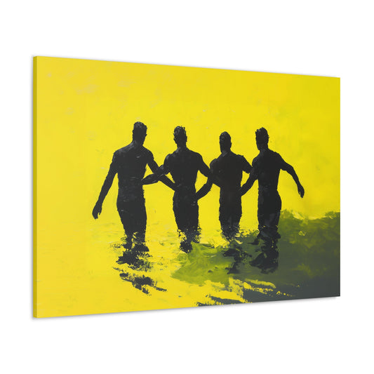 Horizontal-oriented wall art: "Flow of Togetherness" Silhouetted figures walk together through water, their arms interlocked, set against a vibrant yellow background. The artwork symbolizes unity and connection, capturing the essence of camaraderie and shared journeys.