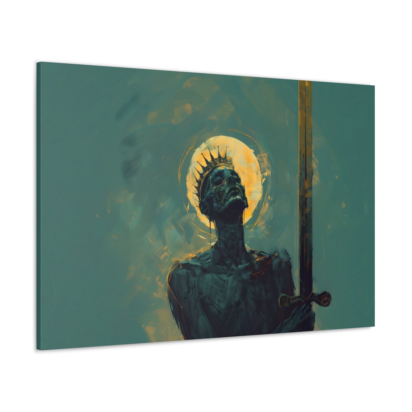 Horizontal-oriented wall art: An undead mummified king stands regally in the desert sands, bathed in the warm golden light of the sun.