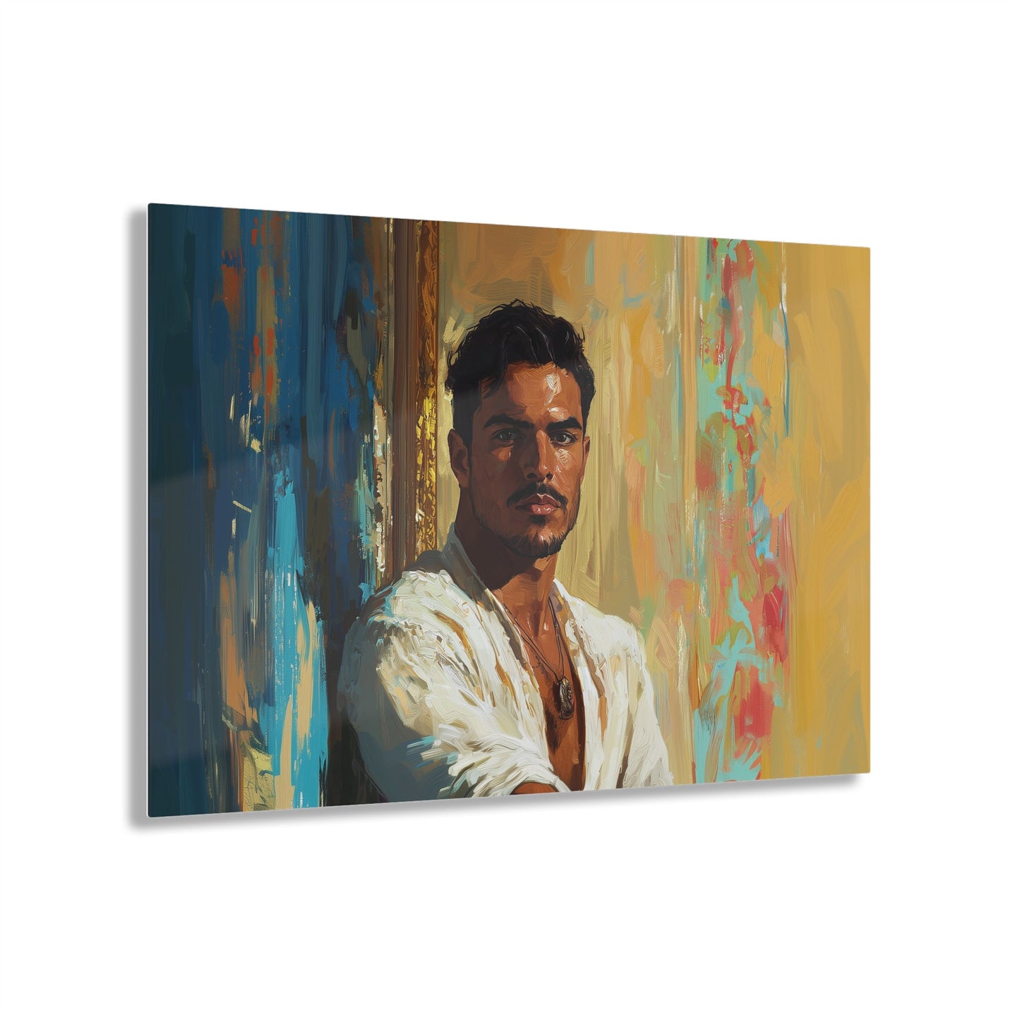 Horizontal-oriented wall art: "Stillness in Strength." A contemplative Latino man gazes forward with quiet confidence, surrounded by warm golden hues and cool blue accents. The oil painting style and radiant lighting create a refined and introspective composition.