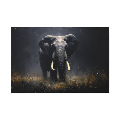 Horizontal-oriented wall art: Elephant's Shadow from the Darklight Bestiary collection depicts a majestic elephant inspired by Chiaroscuro painting technique. The interplay of light and shadow highlights the elephant's powerful form, creating a dramatic and captivating visual experience.