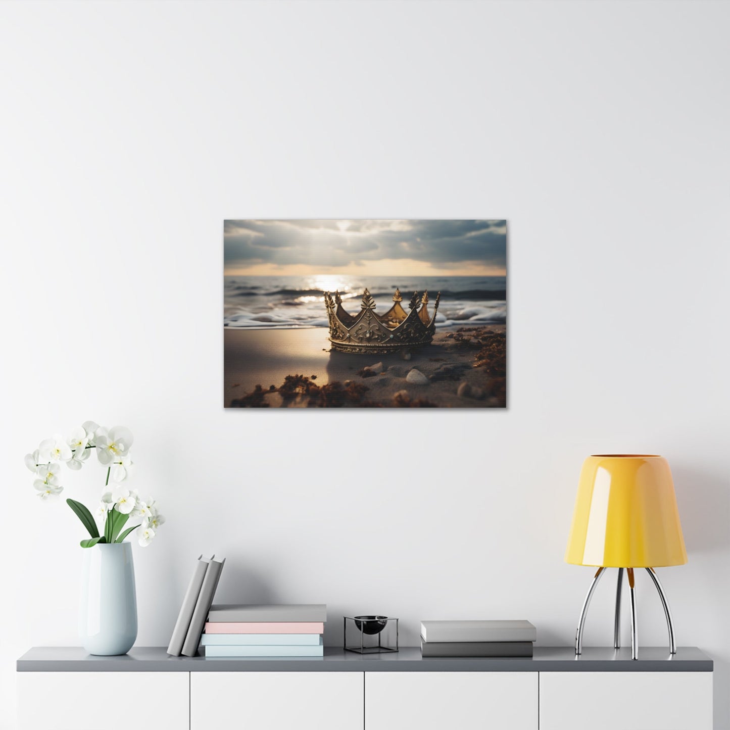 Horizontal-oriented wall art: "Find Your Crown" A golden crown rests gracefully on a sandy shore, illuminated by the warm glow of a sunset over gentle ocean waves. This evocative scene symbolizes self-discovery and the pursuit of inner majesty.