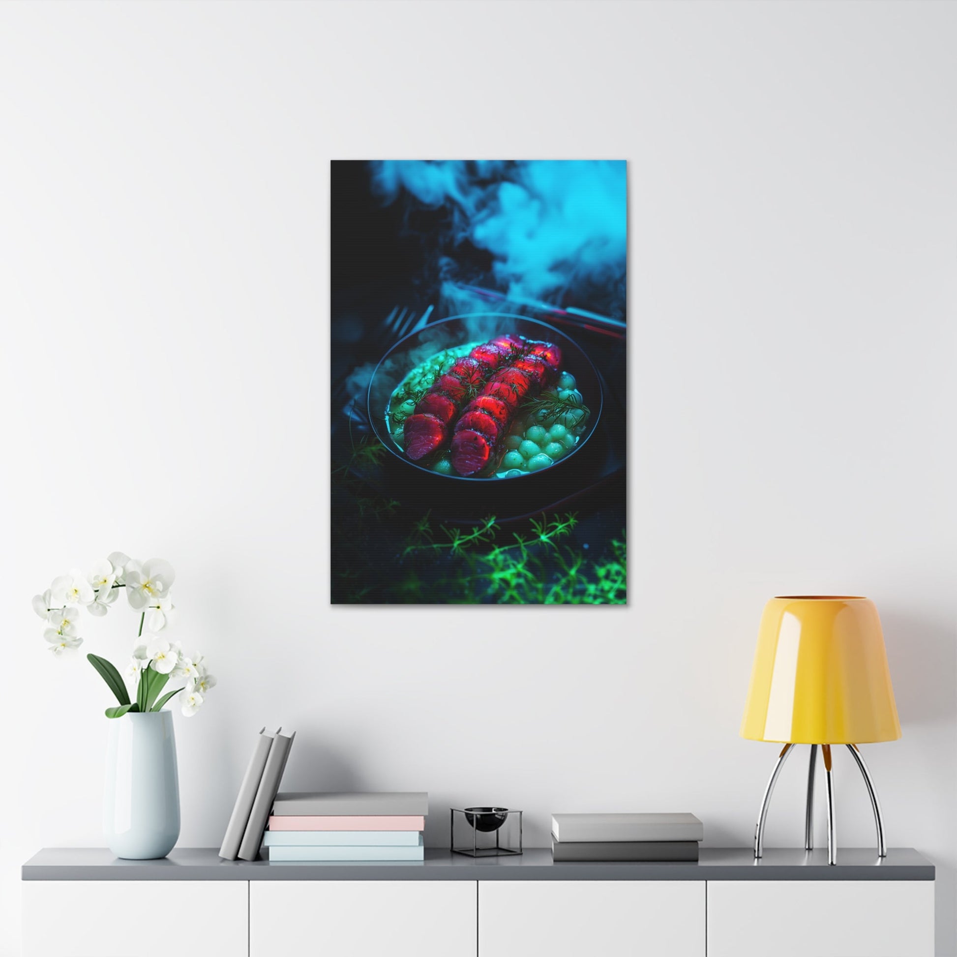 Vertical-oriented wall art: "Xeno Cuisine II." A glowing plate of vibrant red alien meat and bioluminescent green vegetables sits on a dark, misty backdrop. The surreal lighting and vivid colors evoke a futuristic, otherworldly atmosphere.