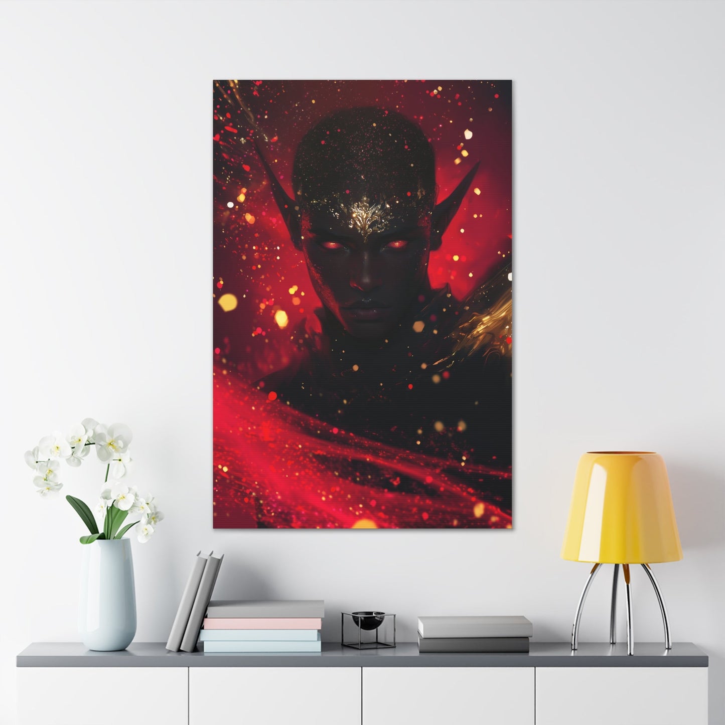 Horizontal-oriented wall art: "Obsidian Elegance" A striking portrait of a black elf with glowing red eyes and intricate gold accents adorning their forehead, set against a fiery background of vibrant red and gold hues. The artwork radiates an aura of power, mystery, and elegance, capturing the essence of ethereal beauty.