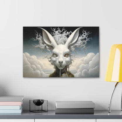 Horizontal-oriented wall art: A surreal, oversized white hare with mechanical eyes is depicted in the center, surrounded by swirling cloud-like forms. The background features a dreamy, ethereal landscape with hints of industrial architecture, blending natural and abstract elements.