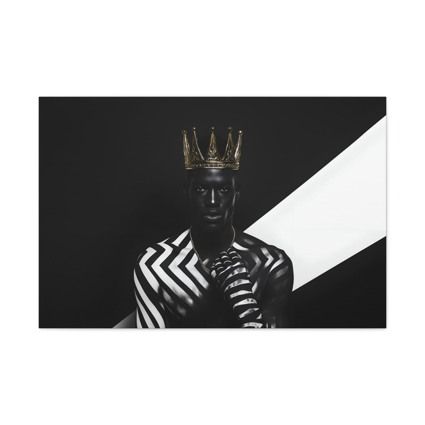 Horizontal-oriented wall art: "Crown of Dignity III" A striking portrait of a regal figure wearing a metallic gold crown, adorned in bold black and white geometric patterns. The artwork captures a modern, dignified presence, blending contemporary abstraction with royal elegance against a high-contrast background.