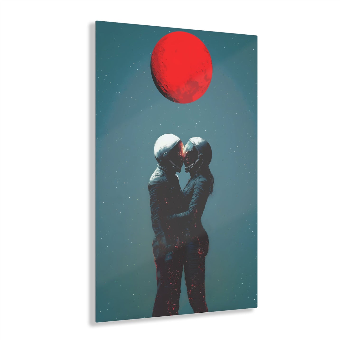 Vertical-oriented wall art: "Galactic Romance IV" depicts two astronauts embracing under a glowing red moon, their helmets gently touching as they share a moment of intimacy in space. The starry background contrasts with the fiery red moon, emphasizing the romantic and cosmic connection between the figures.