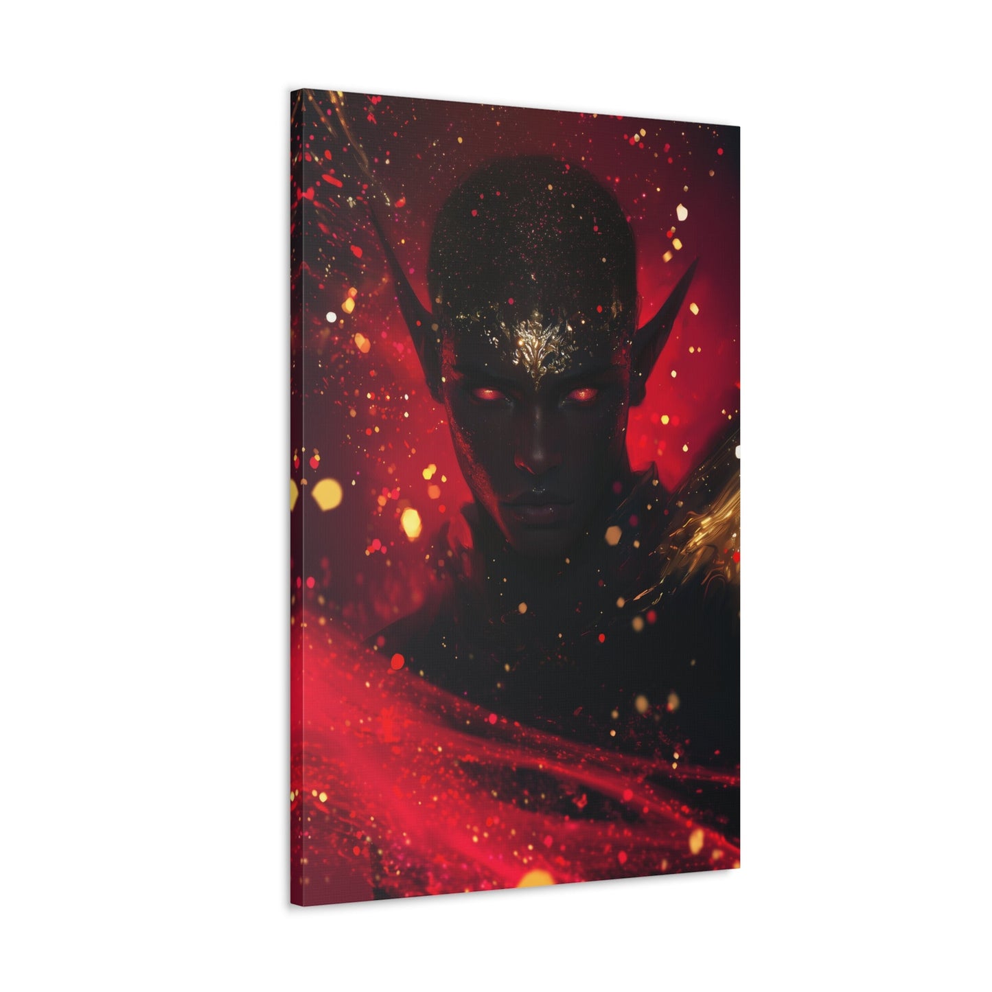 Horizontal-oriented wall art: "Obsidian Elegance" A striking portrait of a black elf with glowing red eyes and intricate gold accents adorning their forehead, set against a fiery background of vibrant red and gold hues. The artwork radiates an aura of power, mystery, and elegance, capturing the essence of ethereal beauty.