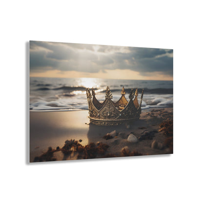 Horizontal-oriented wall art: "Find Your Crown" A golden crown rests gracefully on a sandy shore, illuminated by the warm glow of a sunset over gentle ocean waves. This evocative scene symbolizes self-discovery and the pursuit of inner majesty.