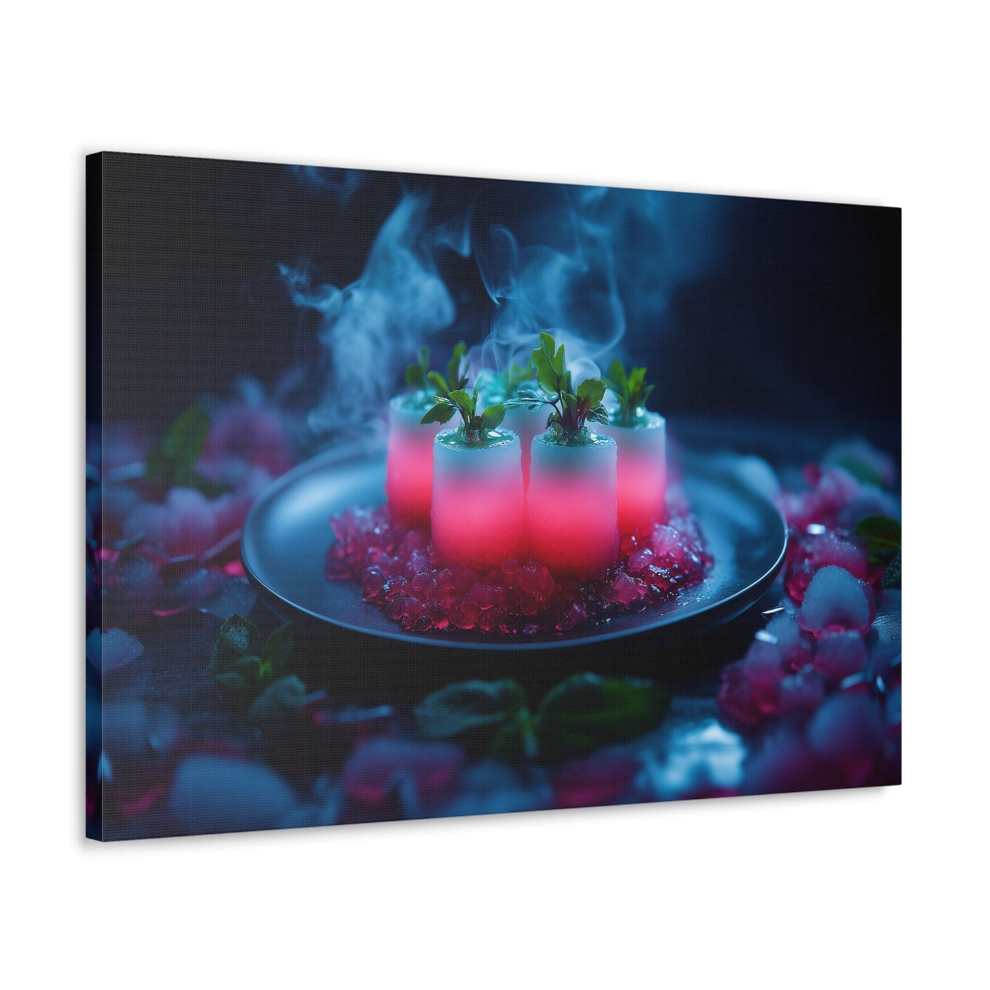 Horizontal-oriented wall art: "Xeno Cuisine." A glowing arrangement of alien meat and bioluminescent vegetables sits on an obsidian plate, surrounded by vapor and crystalline accents. The vibrant pink and cool blue tones contrast against the dark background, creating an otherworldly and surreal atmosphere.