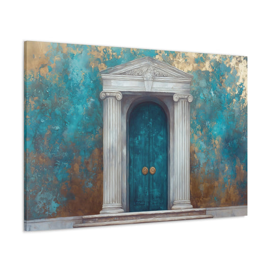 Horizontal-oriented wall art: A beautifully crafted ancient Greek door stands between two marble white pillars, set against a textured wall. The surreal composition evokes a sense of timeless elegance and mystery, highlighting the architectural splendor of the past.