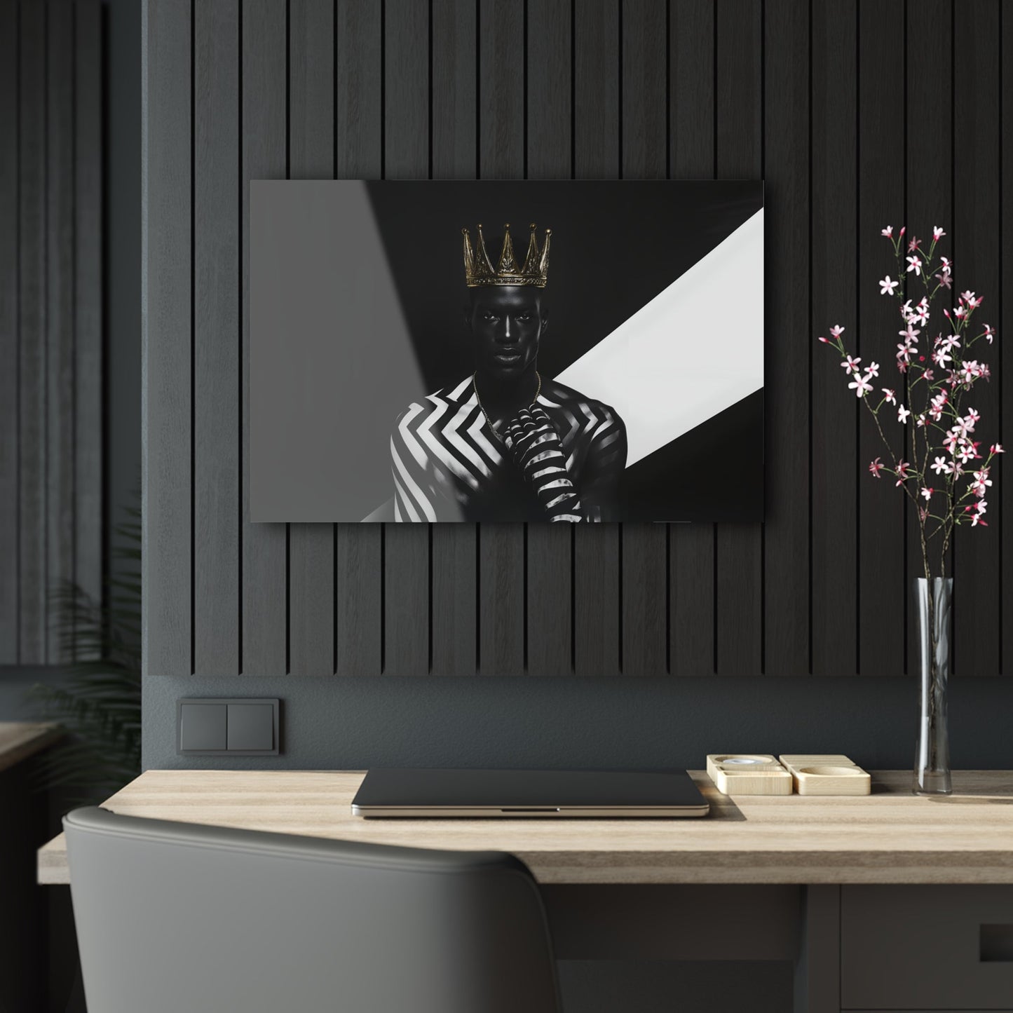 Horizontal-oriented wall art: "Crown of Dignity III" A striking portrait of a regal figure wearing a metallic gold crown, adorned in bold black and white geometric patterns. The artwork captures a modern, dignified presence, blending contemporary abstraction with royal elegance against a high-contrast background.