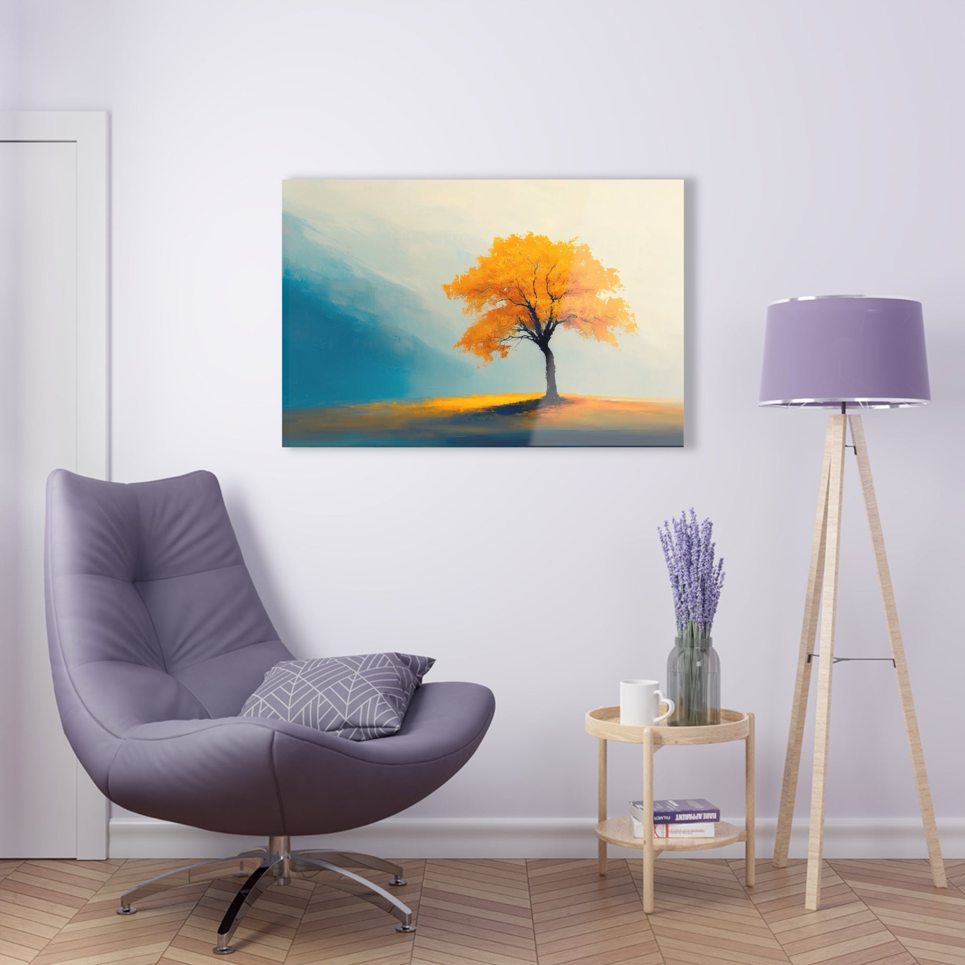 Horizontal-oriented wall art: Artwork titled Autumn’s Glow from the Ethereal Horizons collection, featuring a vibrant golden tree standing alone in a serene, misty landscape. The composition combines warm amber tones with soft teal hues, evoking tranquility and the timeless beauty of autumn.