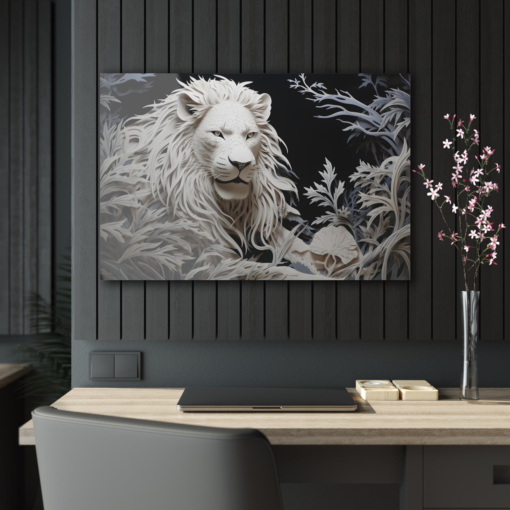 Horizontal-oriented wall art: Celebrate the majestic beauty of the lion with 'Cut to the King,' a stunning piece from our Wildlife Whims collection. This paper cutout inspired artwork captures the regal essence of the king of the jungle, with exquisite details and vibrant colors, adding a touch of the wild to your space.