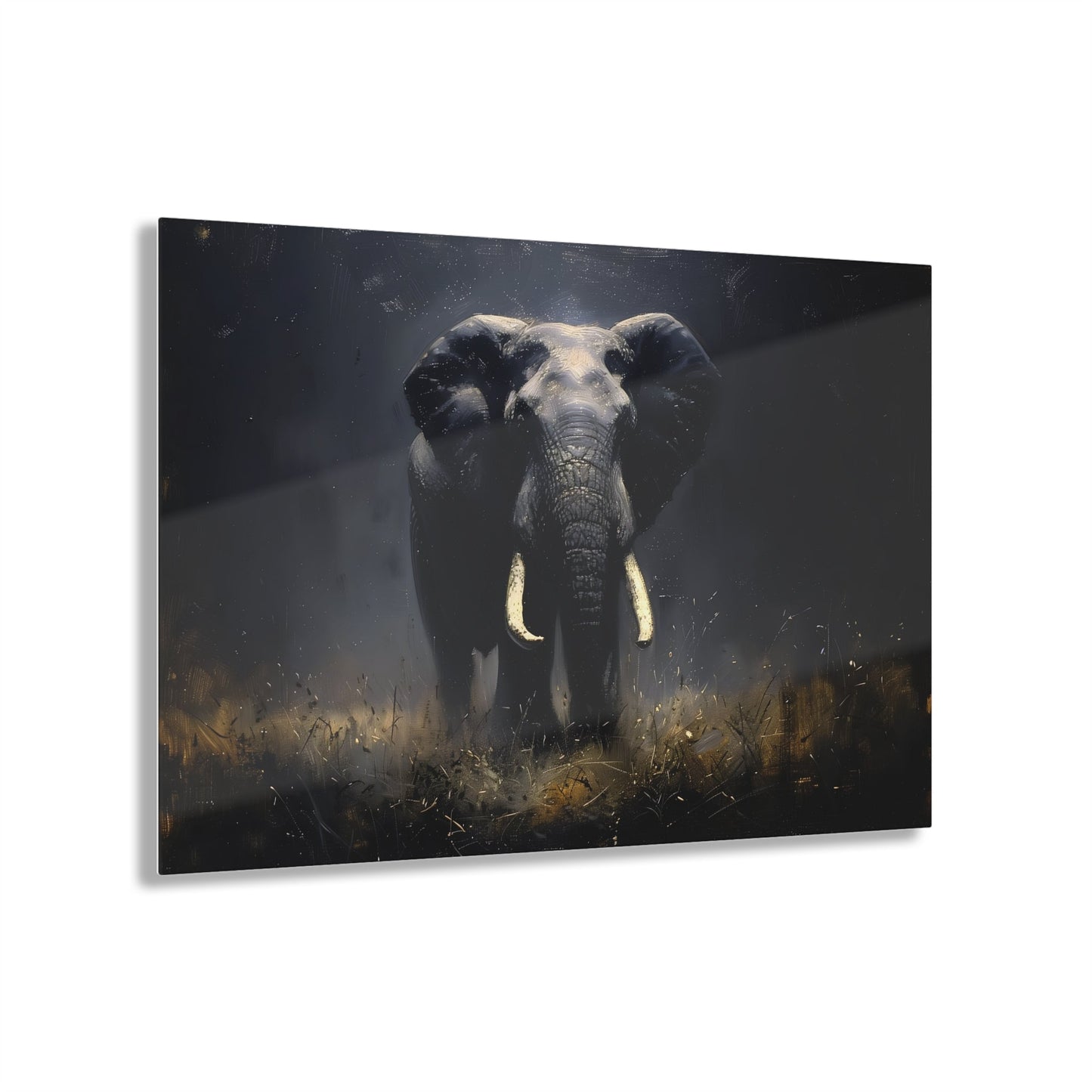 Horizontal-oriented wall art: Elephant's Shadow from the Darklight Bestiary collection depicts a majestic elephant inspired by Chiaroscuro painting technique. The interplay of light and shadow highlights the elephant's powerful form, creating a dramatic and captivating visual experience.