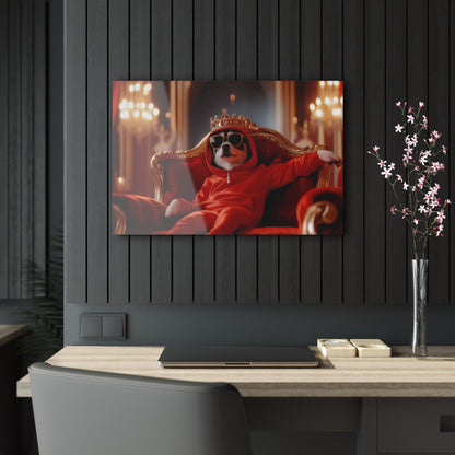 Horizontal-oriented wall art: "Crowned Companion III" A stylish dog lounges on a golden throne, wearing a crown, sunglasses, and a red hoodie in a luxurious royal setting. This playful artwork combines elegance and humor, portraying the pet as a modern ruler with personality.