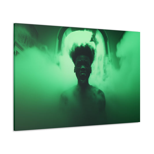 Horizontal--oriented wall art: Shadows in the Mist – A menacing Black vampire emerges from a dense green fog, standing silhouetted against a large doorway. The dramatic lighting and eerie atmosphere create a haunting and otherworldly scene, evoking suspense and fear.