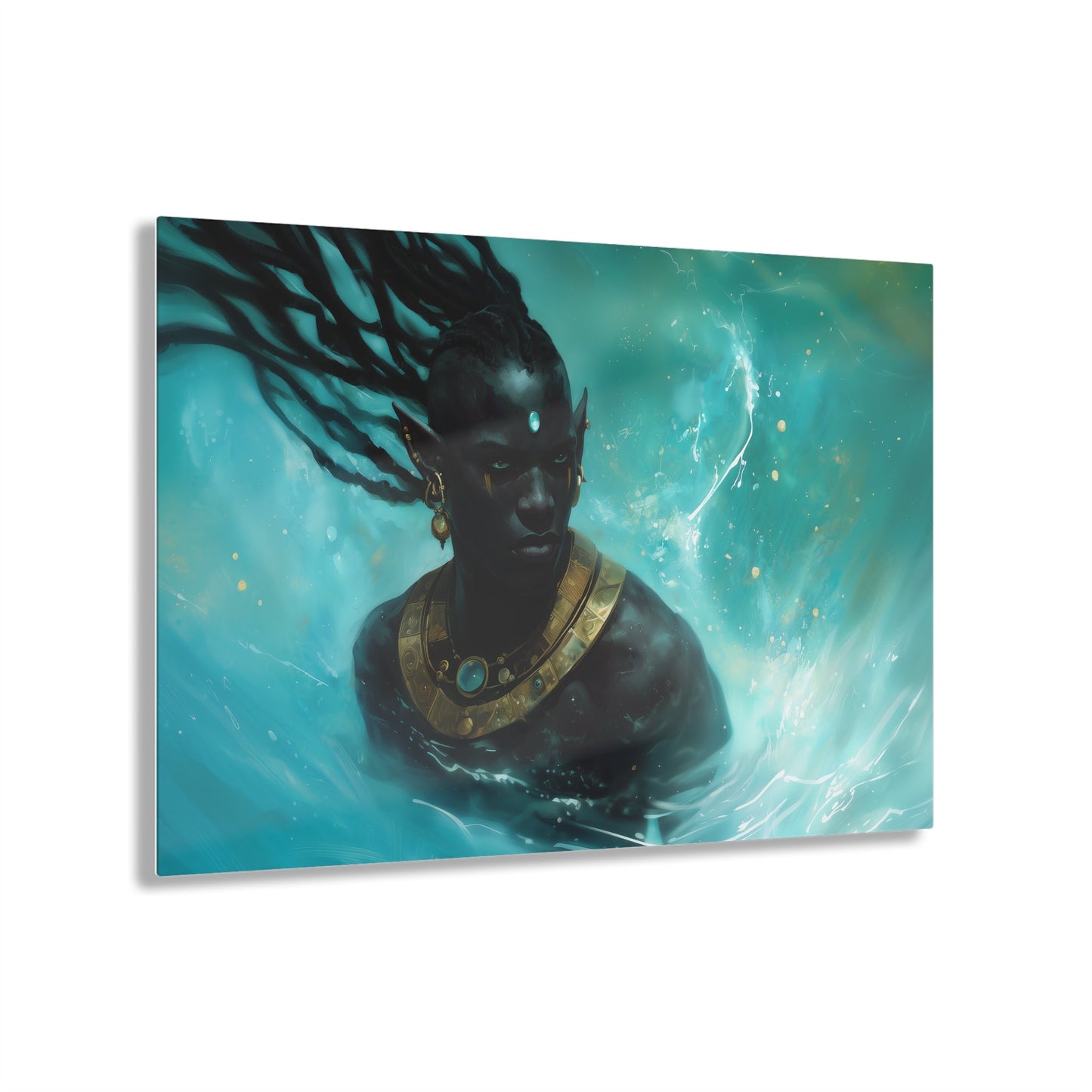 Horizontal-oriented wall art: "Obsidian Elegance II" A striking portrait of a Black elf adorned with intricate golden jewelry, surrounded by swirling, vibrant turquoise water. The composition highlights the figure's regal presence and otherworldly grace in a captivating fantasy setting.