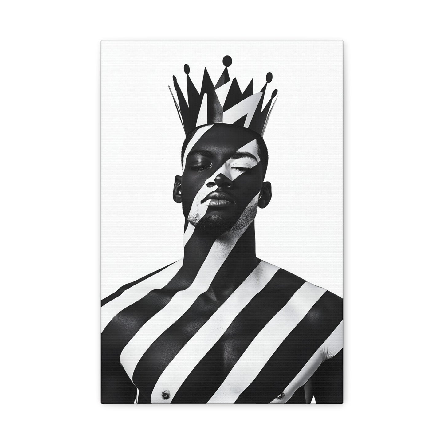 Vertical-oriented wall art: "Crown of Dignity II" A regal portrait of a man wearing a bold, geometric crown, with black and white stripes painted across his face and body. The minimalist composition emphasizes strength, elegance, and cultural pride in a modern, abstract style.