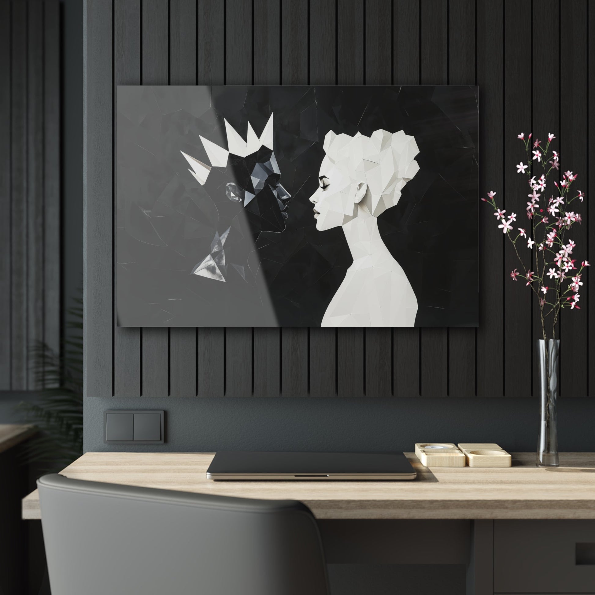 Horizontal-oriented wall art: "Kiss of Kings and Queens" A striking geometric artwork depicting an interracial couple, a Black king and a White queen, leaning in for an intimate moment, their fragmented profiles symbolizing unity and love. Bold black-and-white contrasts create a modern, abstract representation of harmony and diversity.