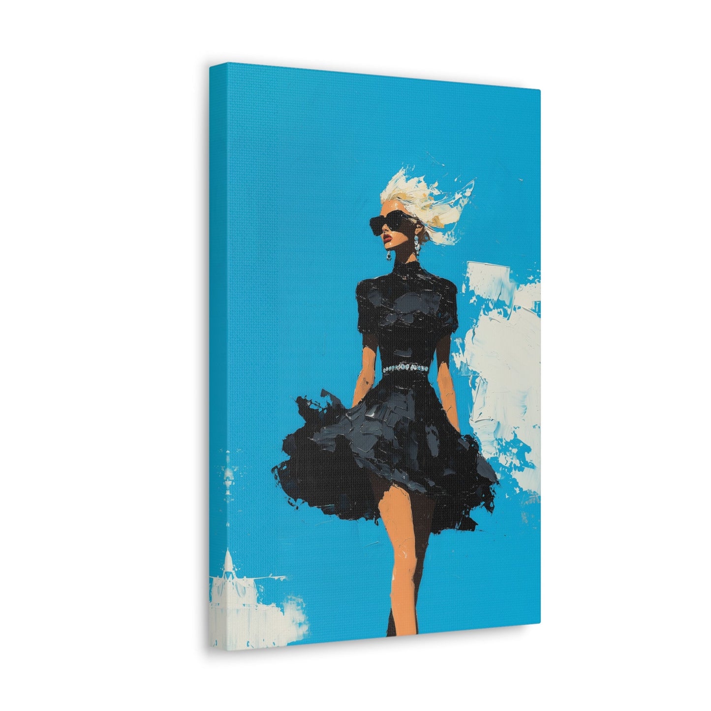 Vertical-oriented wall art: "Black Enigma II." A confident woman walks gracefully in a textured black dress, her wind-blown hair illuminated against a vibrant cerulean sky. The bold palette knife technique and striking contrasts emphasize empowerment and elegance.