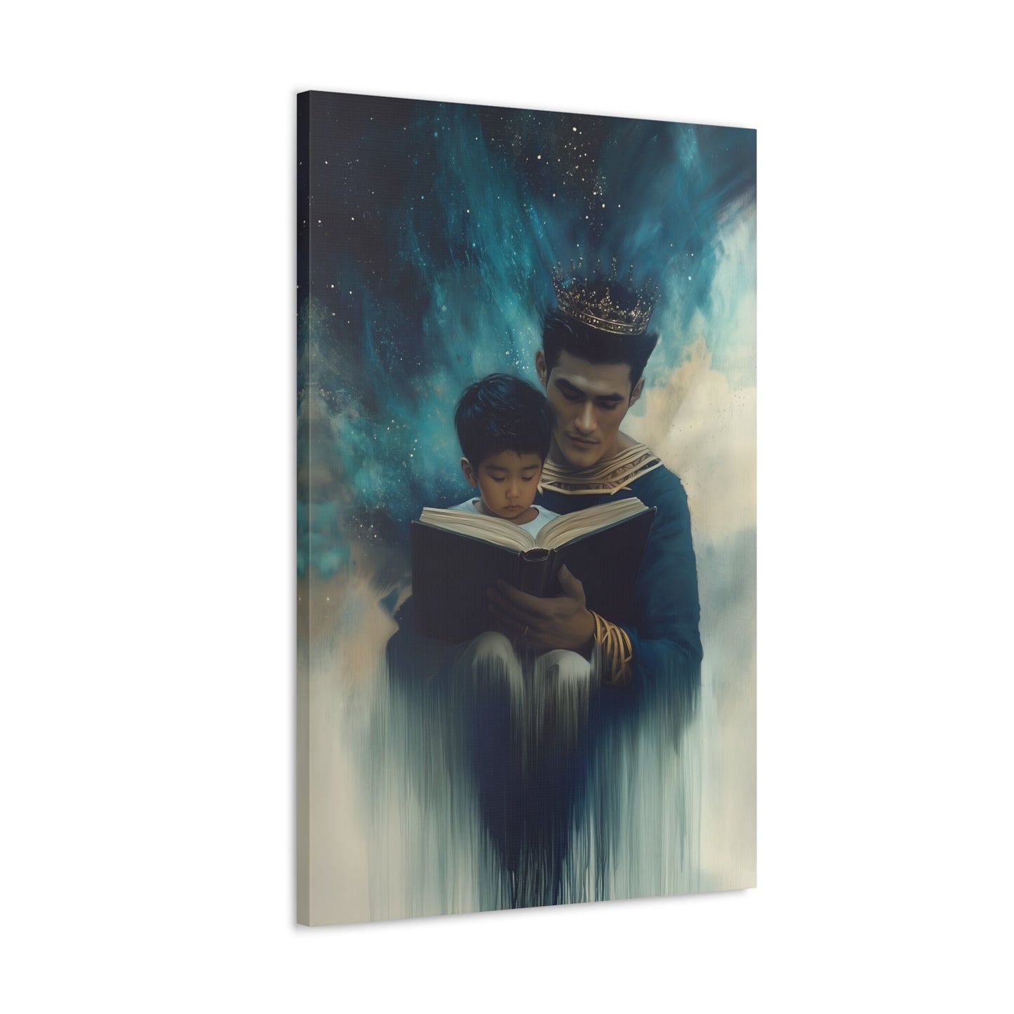 Vertical-oriented wall art: "Crowning Knowledge VI" depicts a father and son wearing golden crowns, reading a book together, surrounded by a swirling, cosmic blue and teal background. The soft, ethereal atmosphere emphasizes the serene and mystical bond of shared learning and wisdom between the two figures.