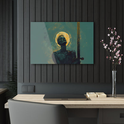 Horizontal-oriented wall art: An undead mummified king stands regally in the desert sands, bathed in the warm golden light of the sun.