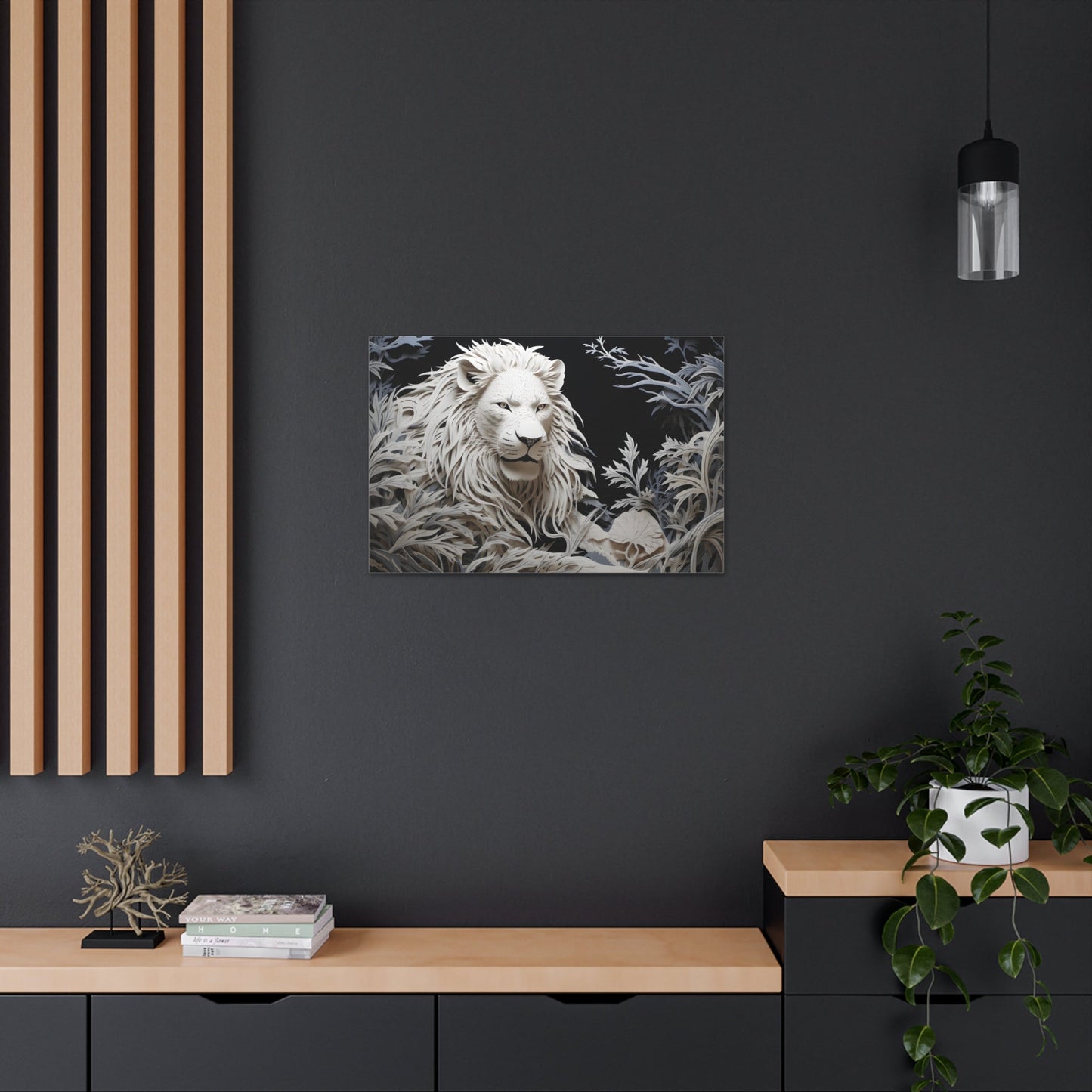 Horizontal-oriented wall art: Celebrate the majestic beauty of the lion with 'Cut to the King,' a stunning piece from our Wildlife Whims collection. This paper cutout inspired artwork captures the regal essence of the king of the jungle, with exquisite details and vibrant colors, adding a touch of the wild to your space.