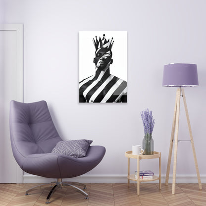 Vertical-oriented wall art: "Crown of Dignity II" A regal portrait of a man wearing a bold, geometric crown, with black and white stripes painted across his face and body. The minimalist composition emphasizes strength, elegance, and cultural pride in a modern, abstract style.