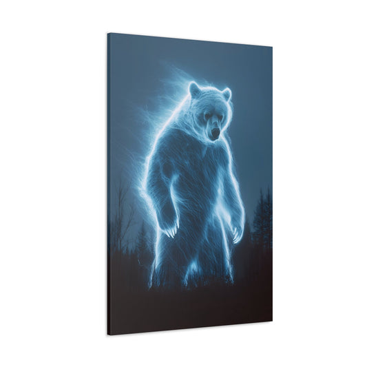 Vertical-oriented wall art: "Glowing Guardian II" A majestic bear outlined in a glowing blue aura stands tall against a dark, forested background. The ethereal light gives the bear a mystical presence, symbolizing strength and guardianship in the wilderness.