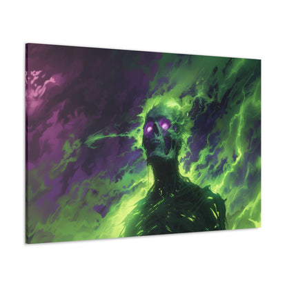 Horizontal-oriented artwork: An eerie illustration featuring a mystical lich with glowing eyes, surrounded by eldritch energies in shades of green and purple, against a dark, ominous background.