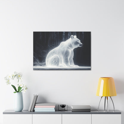 Horizontal-oriented wall art: "Glowing Guardian III" A luminous bear sits serenely in a dark forest, surrounded by a soft, glowing aura that illuminates its form. The ethereal light effect creates a mystical atmosphere, highlighting the bear's calm and protective presence against the shadowy background.