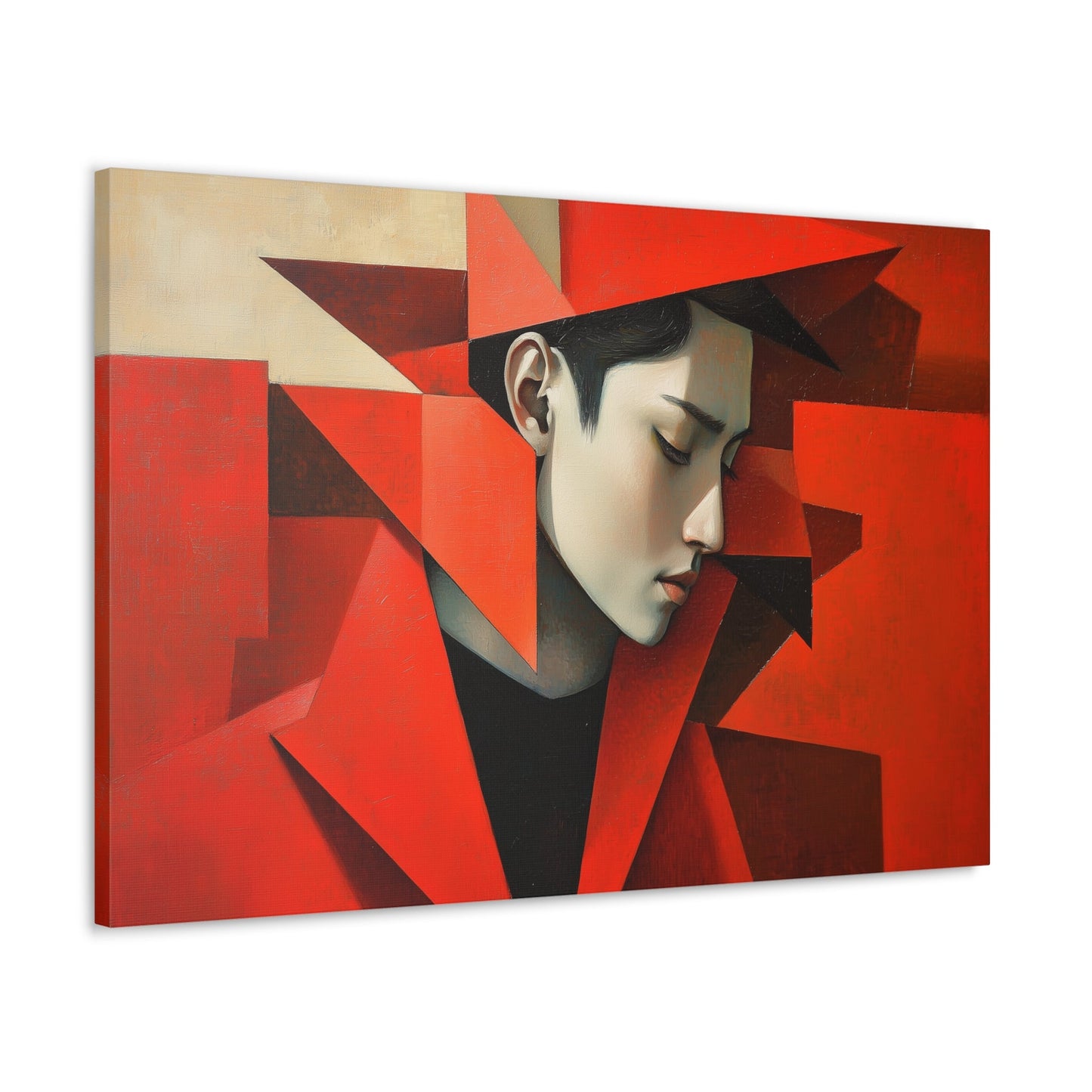 Horizontal-oriented wall art: "Refined in Fragments." A high-fashion Asian male is depicted in a Cubist style, with bold angular red geometric shapes framing his contemplative profile. The soft dramatic lighting contrasts with vivid red tones, creating an expressive and sophisticated composition.